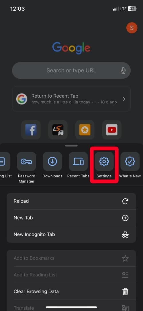Μενού προγράμματος περιήγησης Chrome στο iPhone