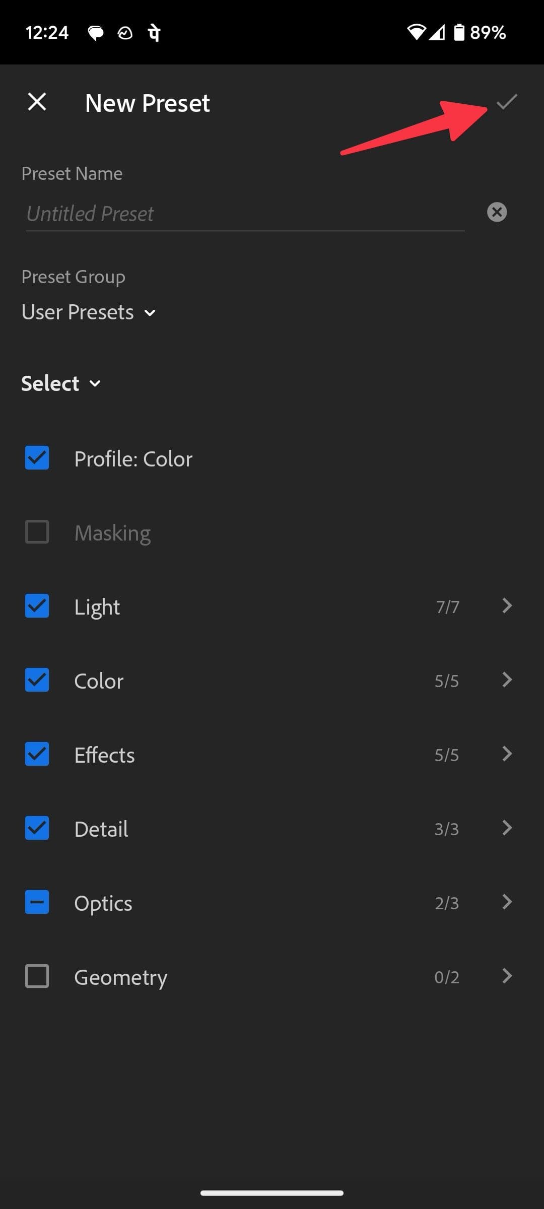 enable checkmark in Lightroom preset