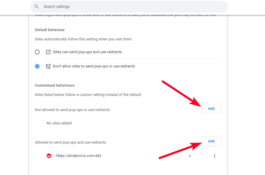 Προσαρμοσμένες ρυθμίσεις συμπεριφοράς για αναδυόμενα παράθυρα και ανακατευθύνσεις στο πρόγραμμα περιήγησης υπολογιστή Chrome