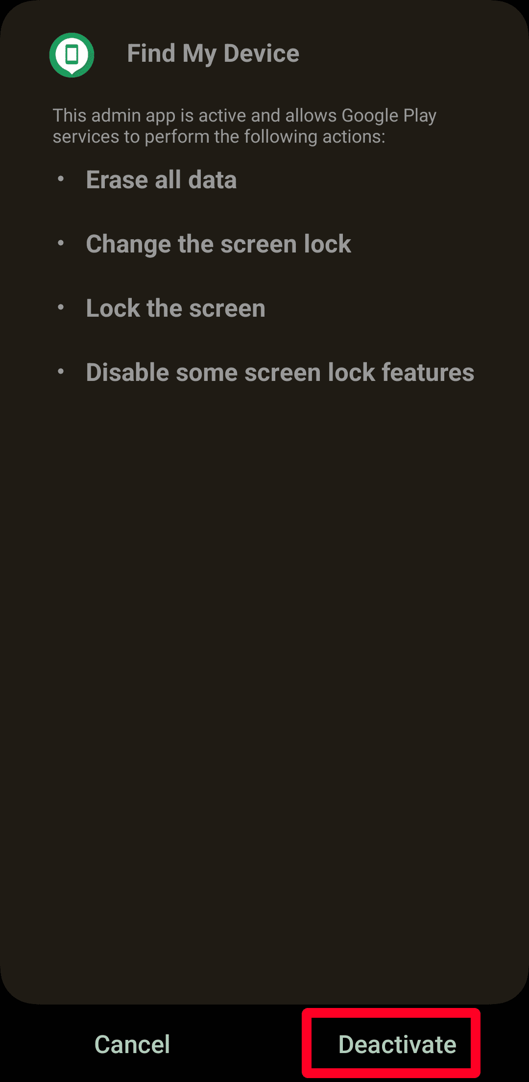 Deactivating an admin app on Android phone