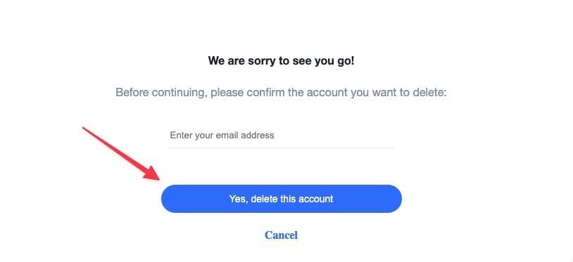 Στιγμιότυπο οθόνης σελίδας επιβεβαίωσης διαγραφής λογαριασμού AOL