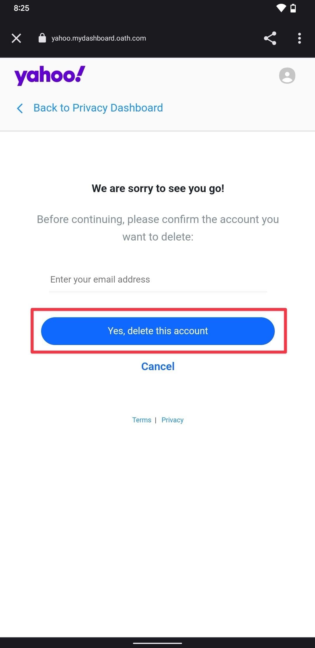 Σελίδα επιβεβαίωσης διαγραφής λογαριασμού Yahoo