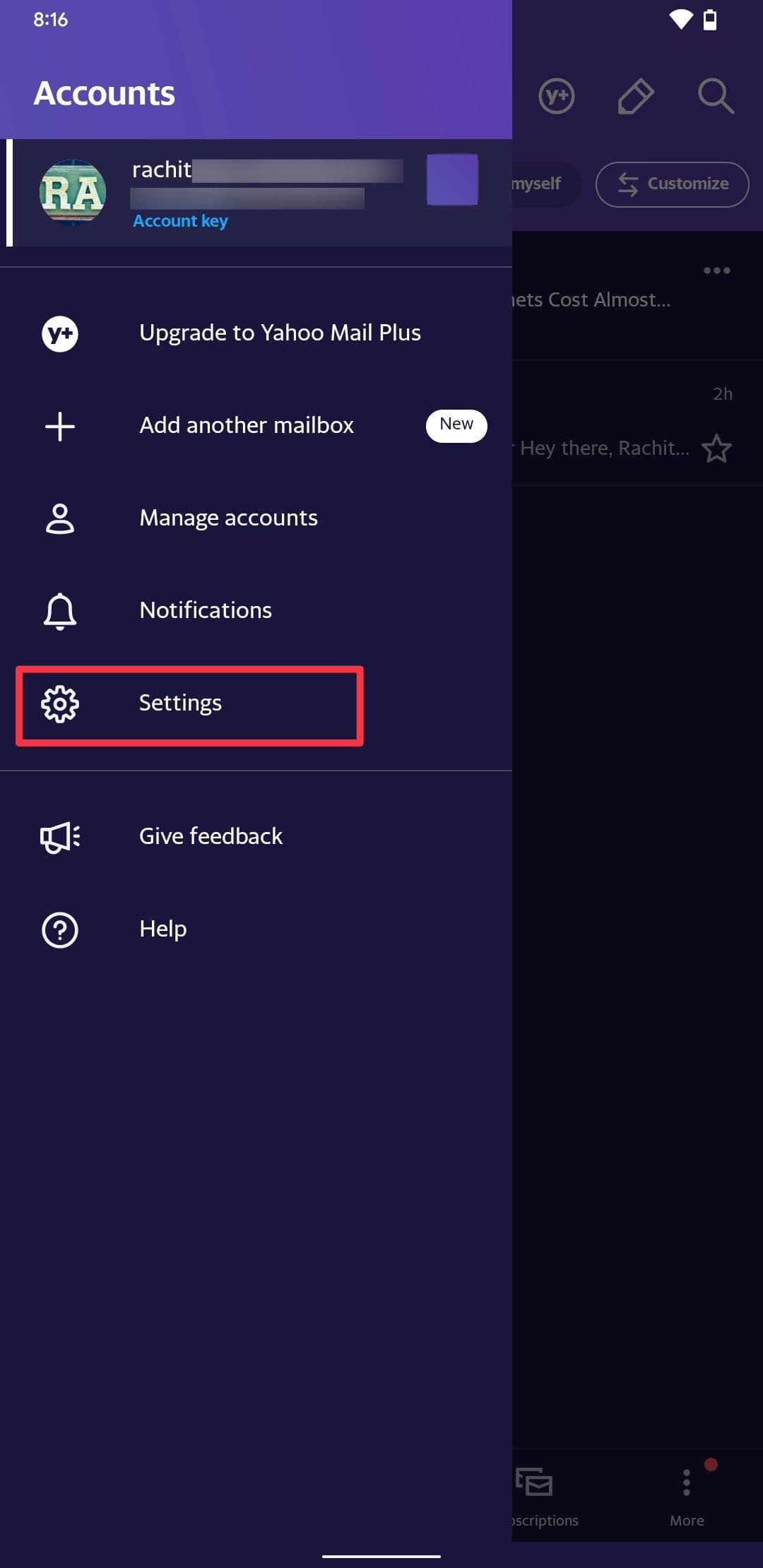Το μενού της εφαρμογής Yahoo Mail Android εμφανίζει στιγμιότυπο οθόνης επιλογής ρυθμίσεων