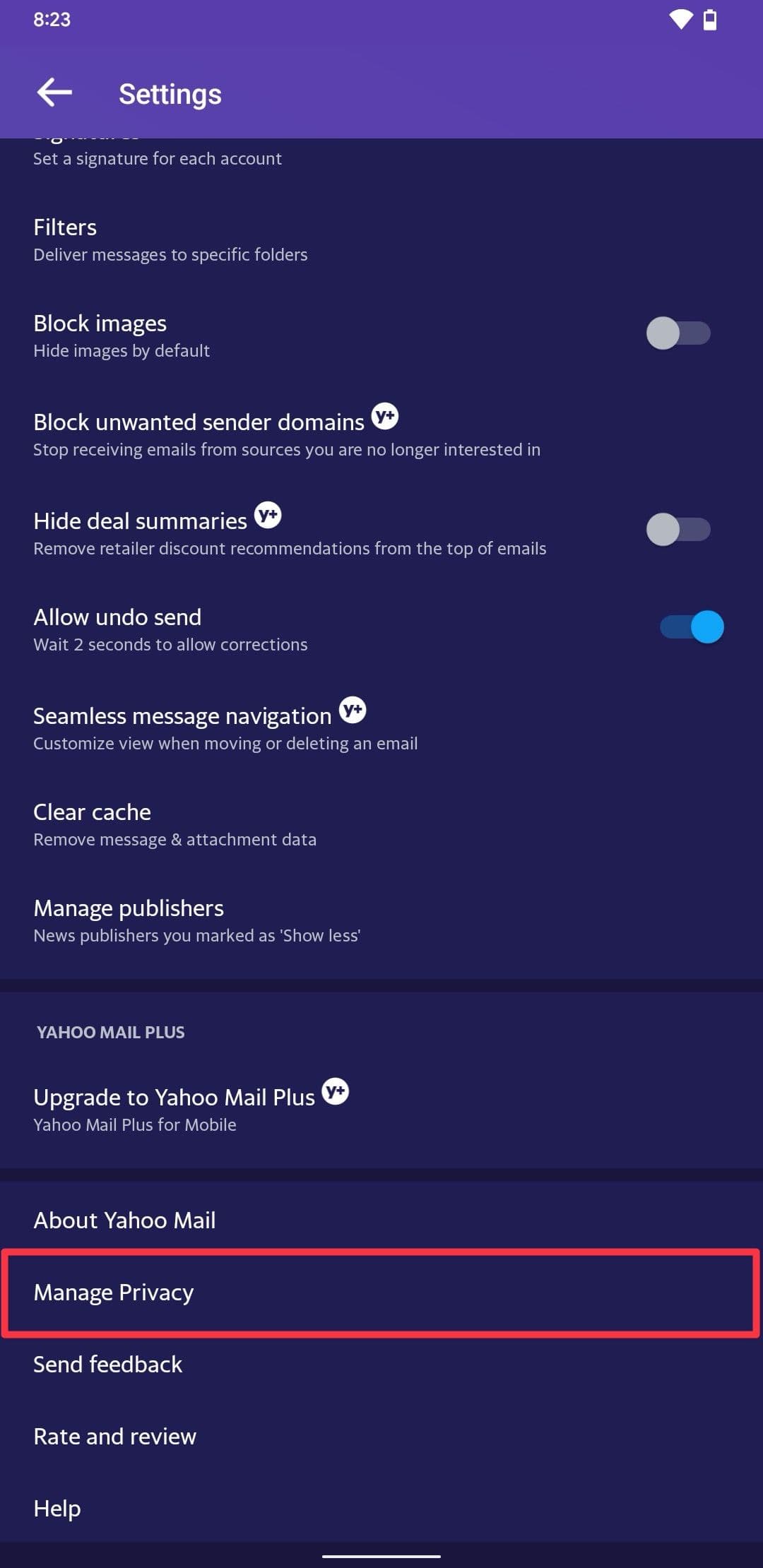 Στιγμιότυπο οθόνης της σελίδας ρυθμίσεων του Yahoo Mail Android