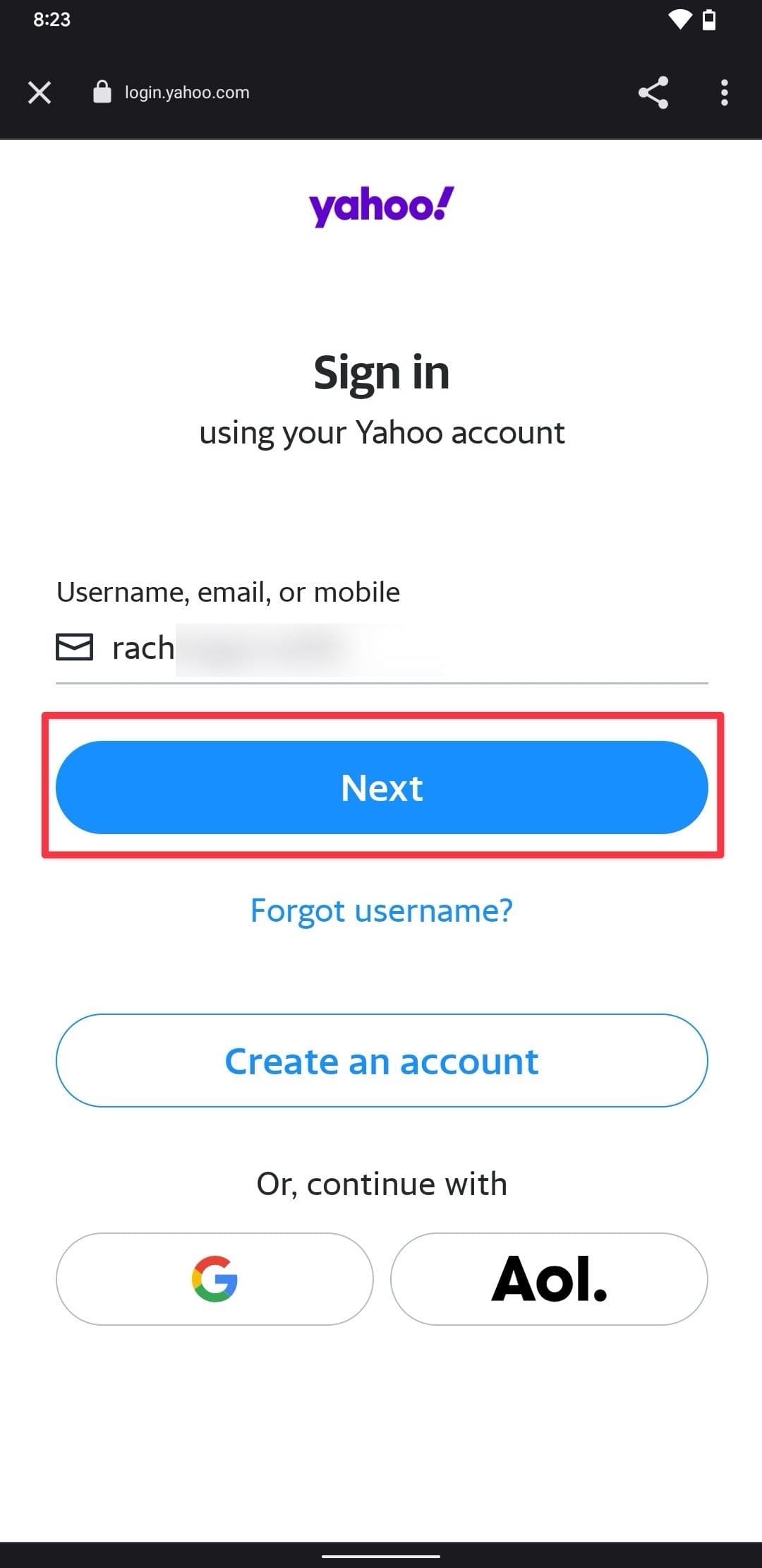 Στιγμιότυπο οθόνης σύνδεσης λογαριασμού Yahoo Mail