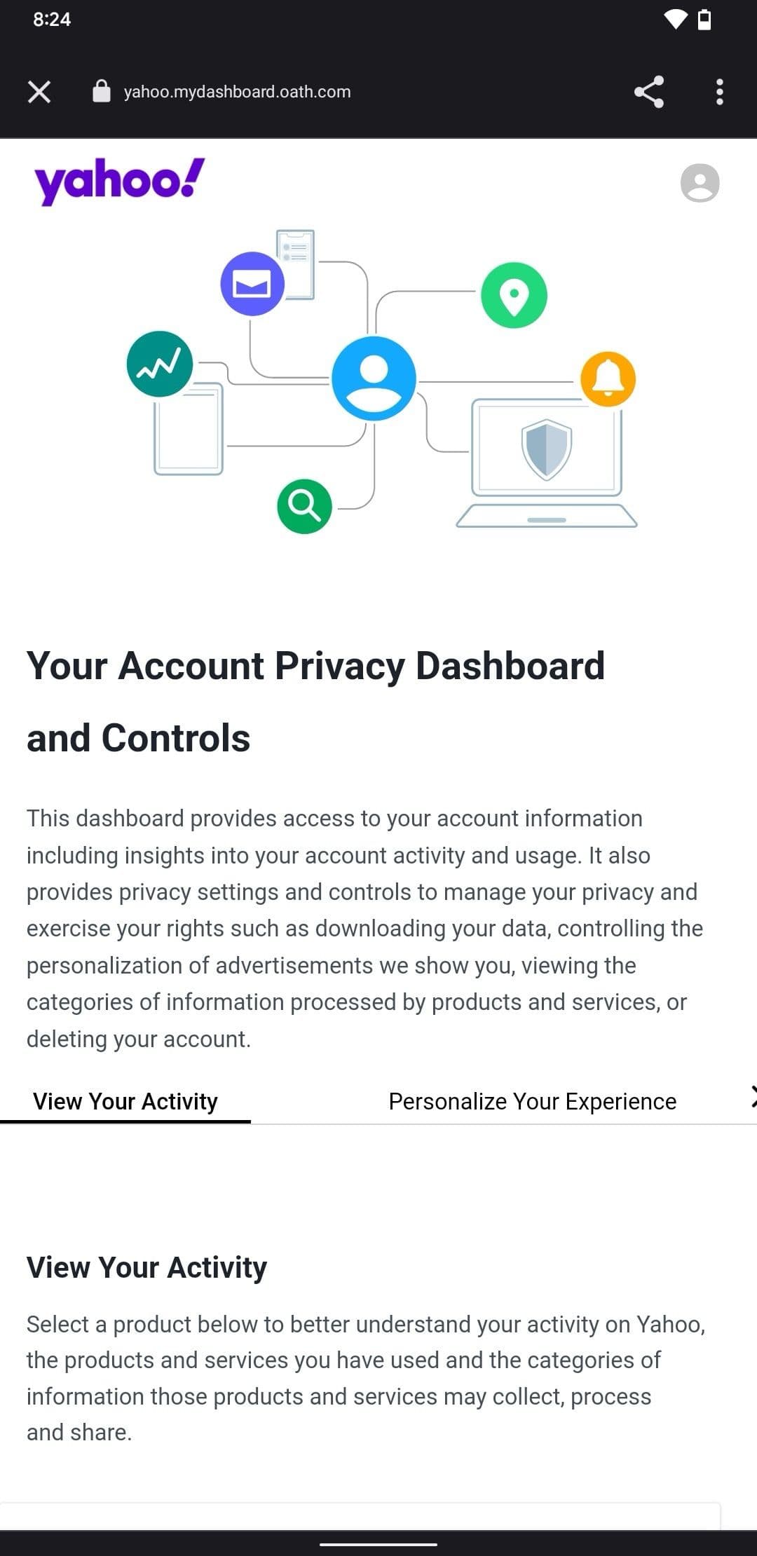 Στιγμιότυπο οθόνης σελίδας απορρήτου λογαριασμού Yahoo
