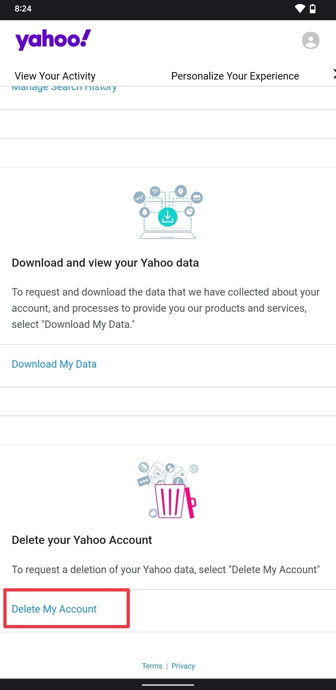 Στιγμιότυπο οθόνης σελίδας απορρήτου λογαριασμού Yahoo που δείχνει την επιλογή Διαγραφή του λογαριασμού μου
