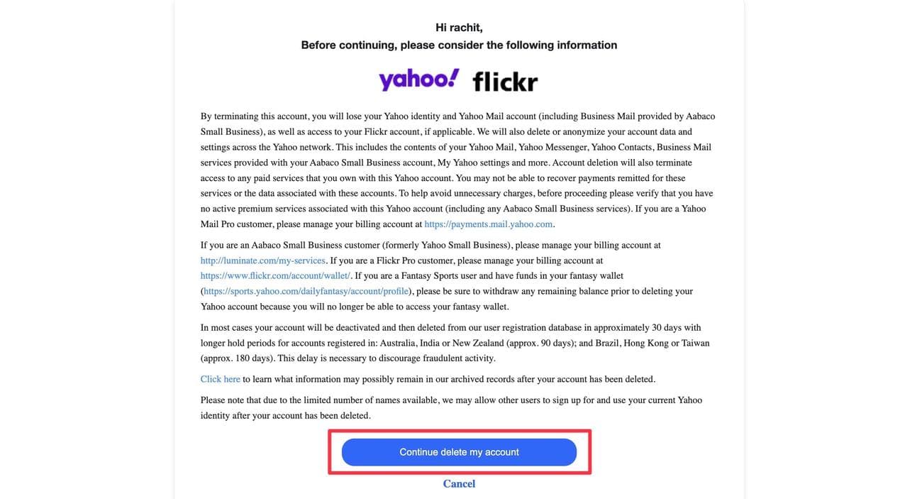 Στιγμιότυπο οθόνης σελίδας διαγραφής λογαριασμού Yahoo