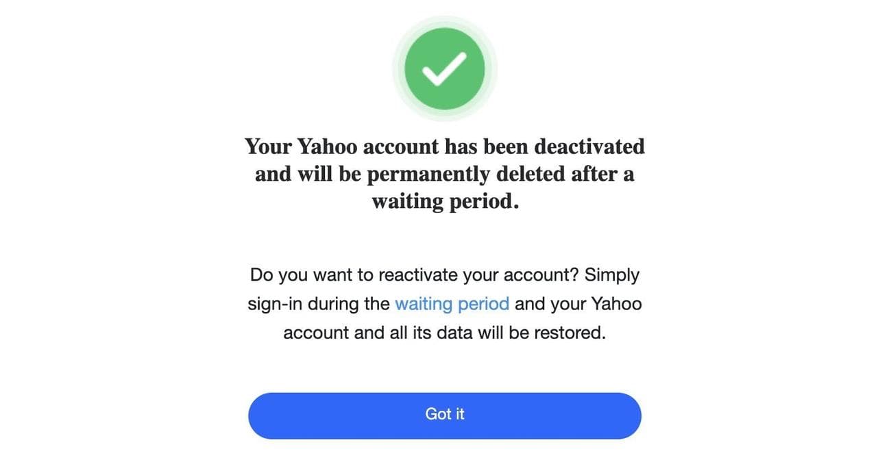 Ο λογαριασμός Yahoo διαγράφηκε στιγμιότυπο οθόνης επιβεβαίωσης