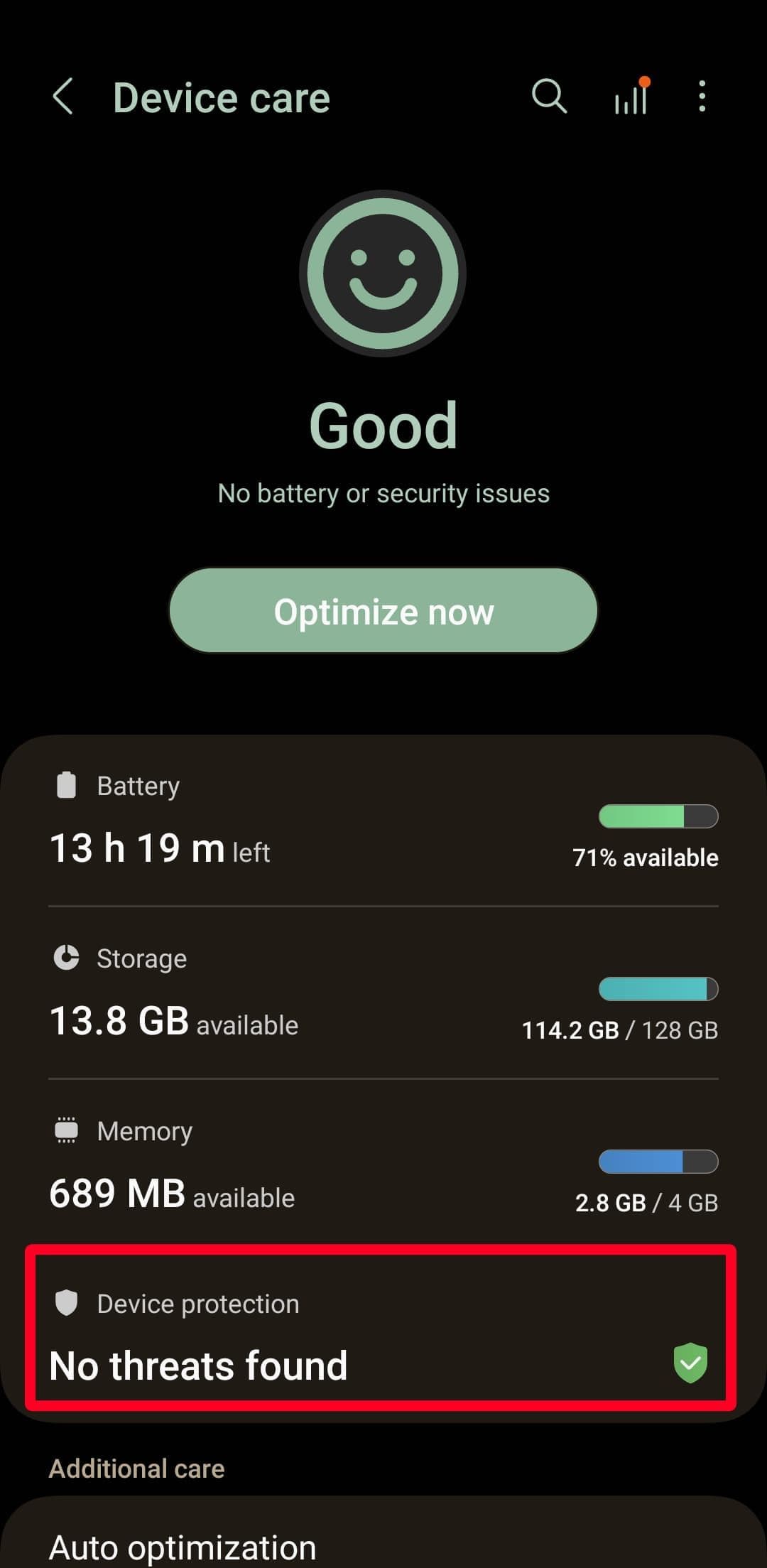 Device care menu on Samsung Android phone