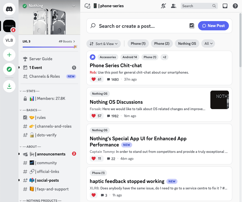Στιγμιότυπο οθόνης του διακομιστή Discord Nothing στον Ιστό
