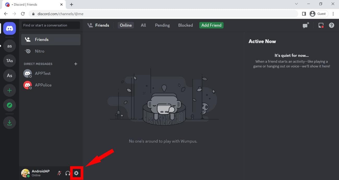 Κόκκινο συμπαγές βέλος που δείχνει το κόκκινο τετράγωνο περίγραμμα πάνω από το εικονίδιο με το γρανάζι στην ιστοσελίδα Discord