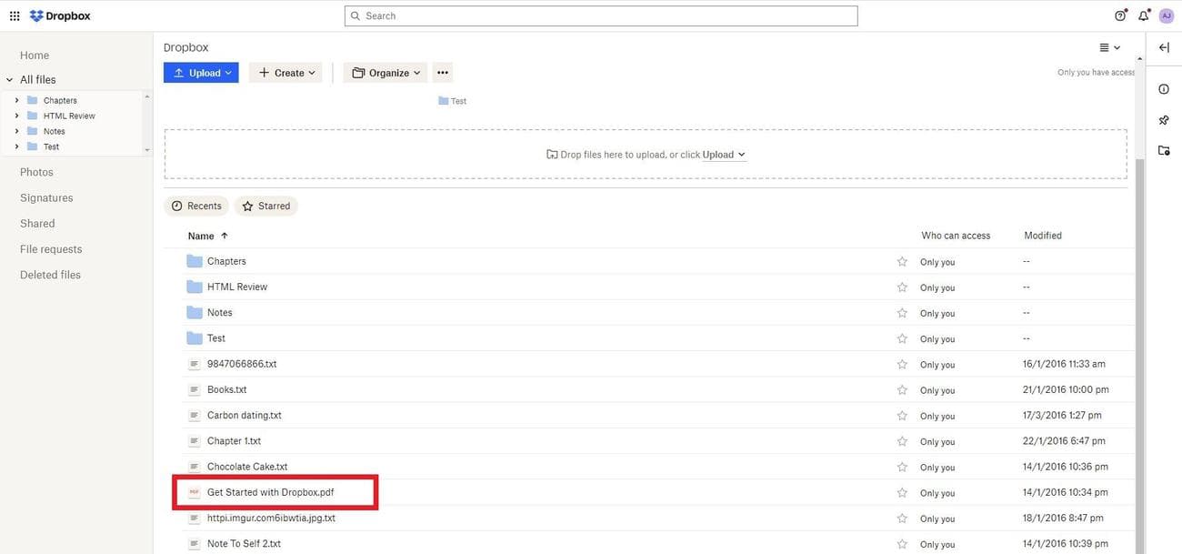 Screenshot of Dropbox desktop site