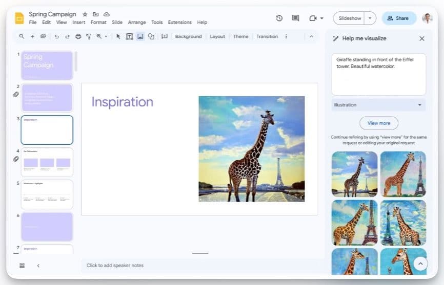 Στιγμιότυπο οθόνης που δείχνει το Duet AI να λειτουργεί στις Παρουσιάσεις Google