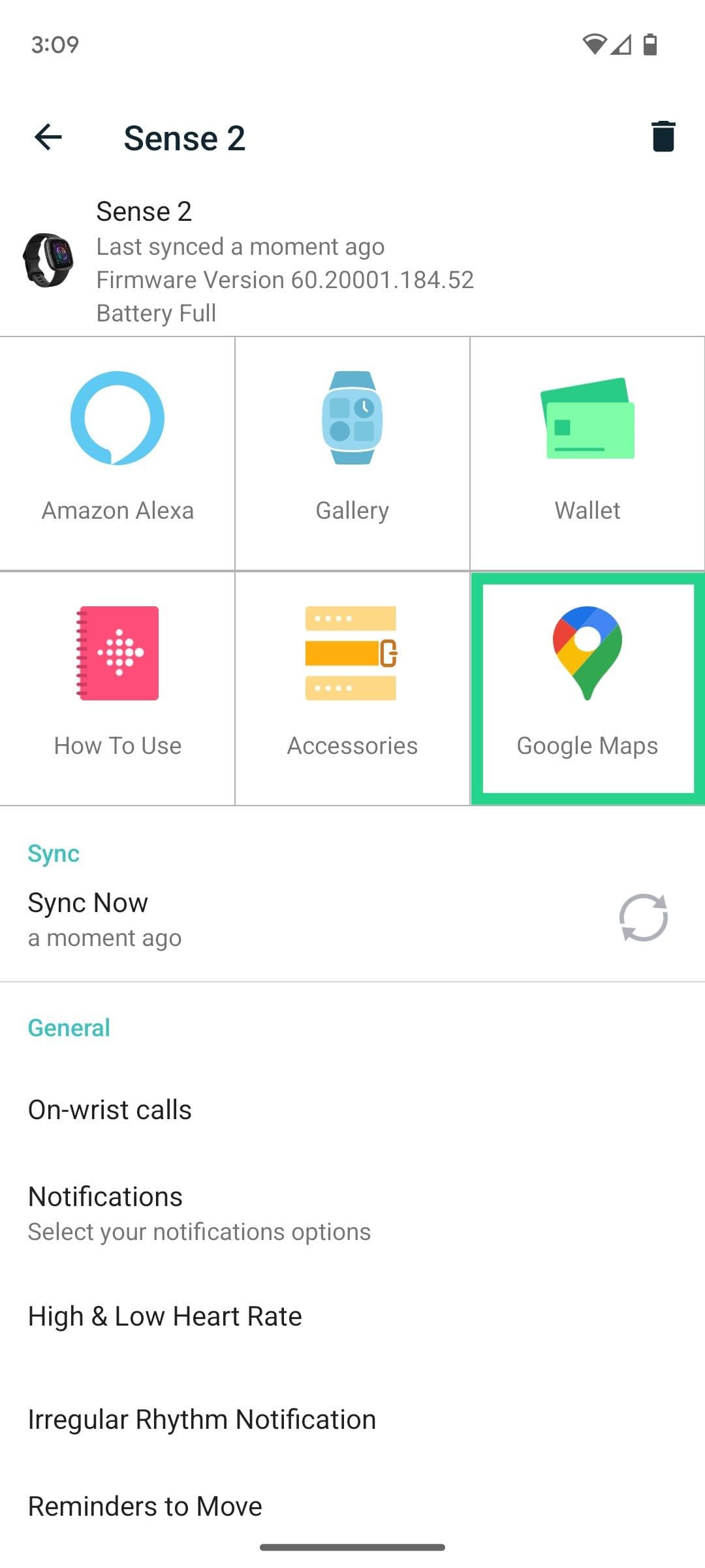 Η σελίδα ρυθμίσεων μιας συσκευής Fitbit με επισημασμένους τους Χάρτες Google.