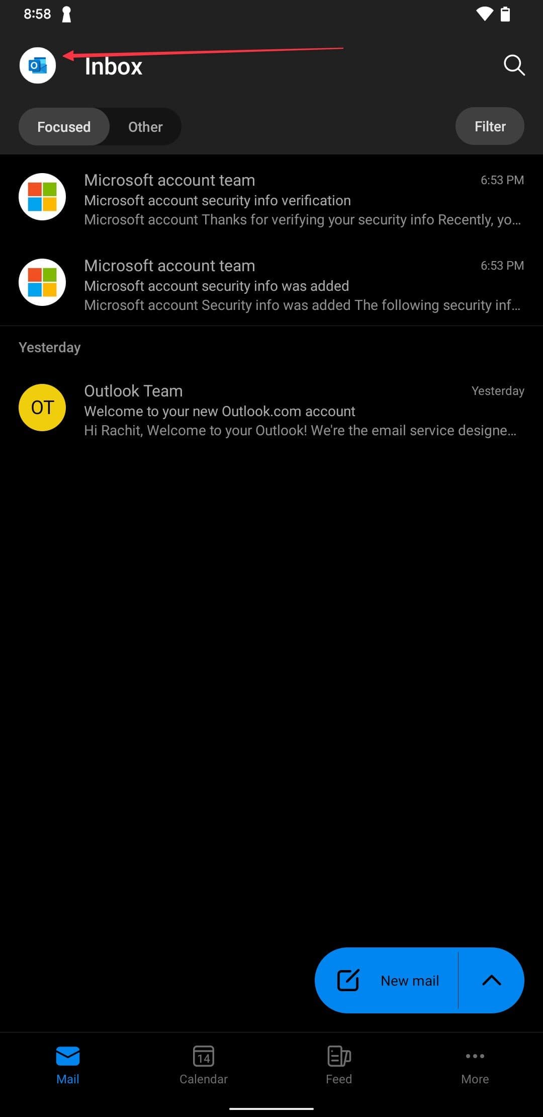 Στιγμιότυπο οθόνης αρχικής σελίδας της εφαρμογής Outlook Android