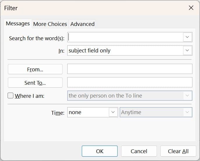 μενού φίλτρου στο Outlook
