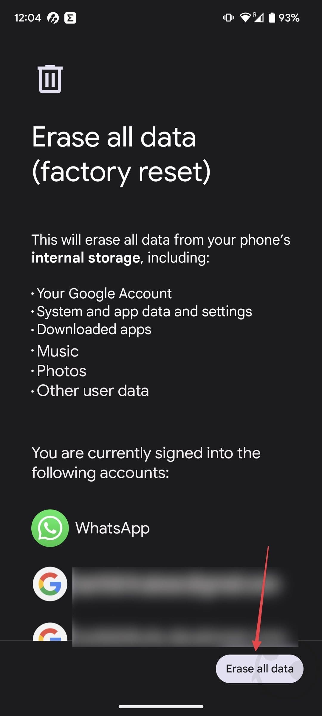 Ένα στιγμιότυπο οθόνης της οθόνης Διαγραφή όλων των δεδομένων/επαναφορά εργοστασιακών ρυθμίσεων σε τηλέφωνο Google Pixel.