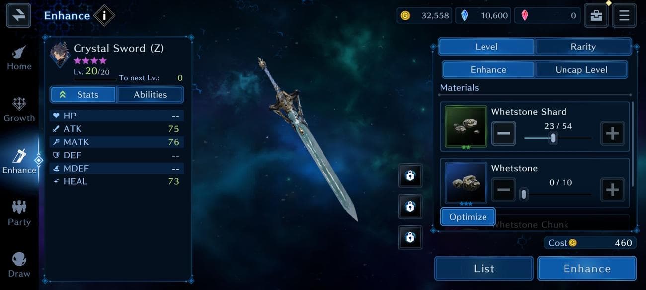 Προεπισκόπηση οθόνης βελτίωσης όπλων με επιλογές υλικού στο Final Fantasy VII: Ever Crisis