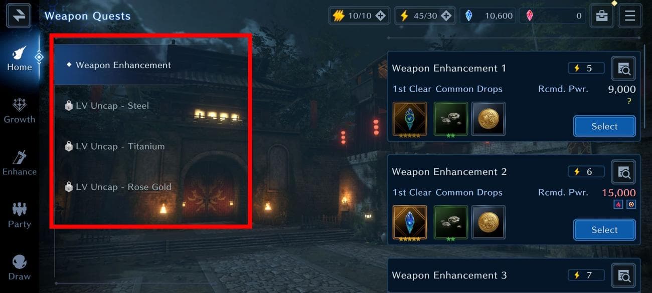 Κόκκινο ορθογώνιο περίγραμμα πάνω από κλειδωμένες και ξεκλείδωτες αποστολές βελτίωσης όπλων κάτω από το Solo Content στο Final Fantasy VII: Ever Crisis