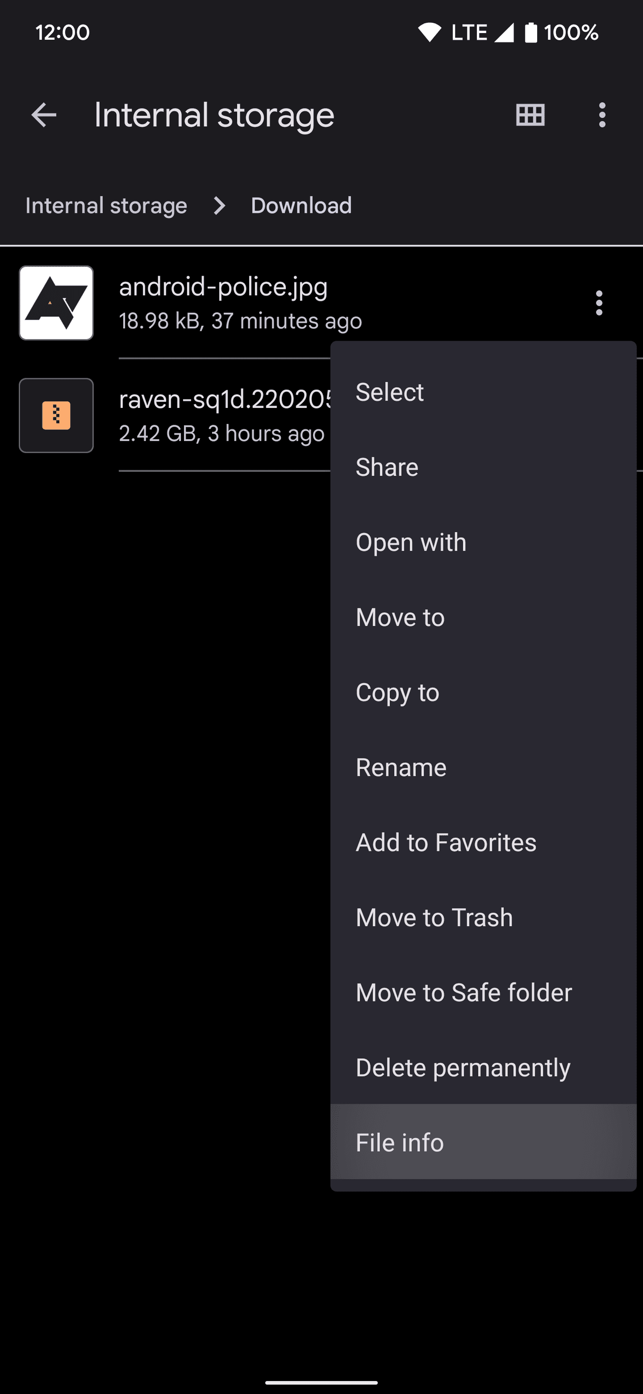 Η εφαρμογή Files by Google στο Android επισημαίνει τη λειτουργία Πληροφορίες αρχείου χρησιμοποιώντας το μενού με τις τρεις κουκκίδες σε οποιοδήποτε αρχείο