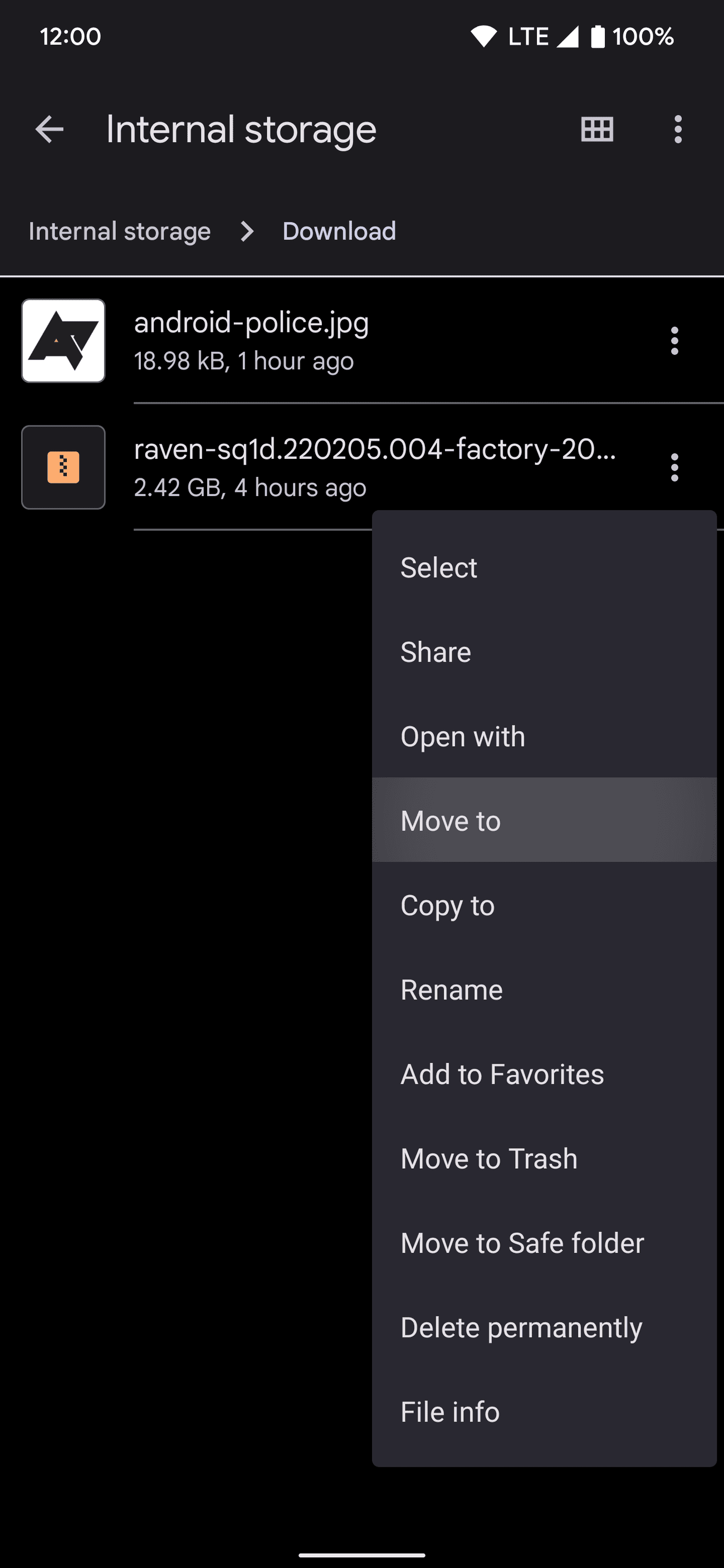 Η εφαρμογή Files by Google στο Android επισημαίνοντας την επιλογή Μετακίνηση σε