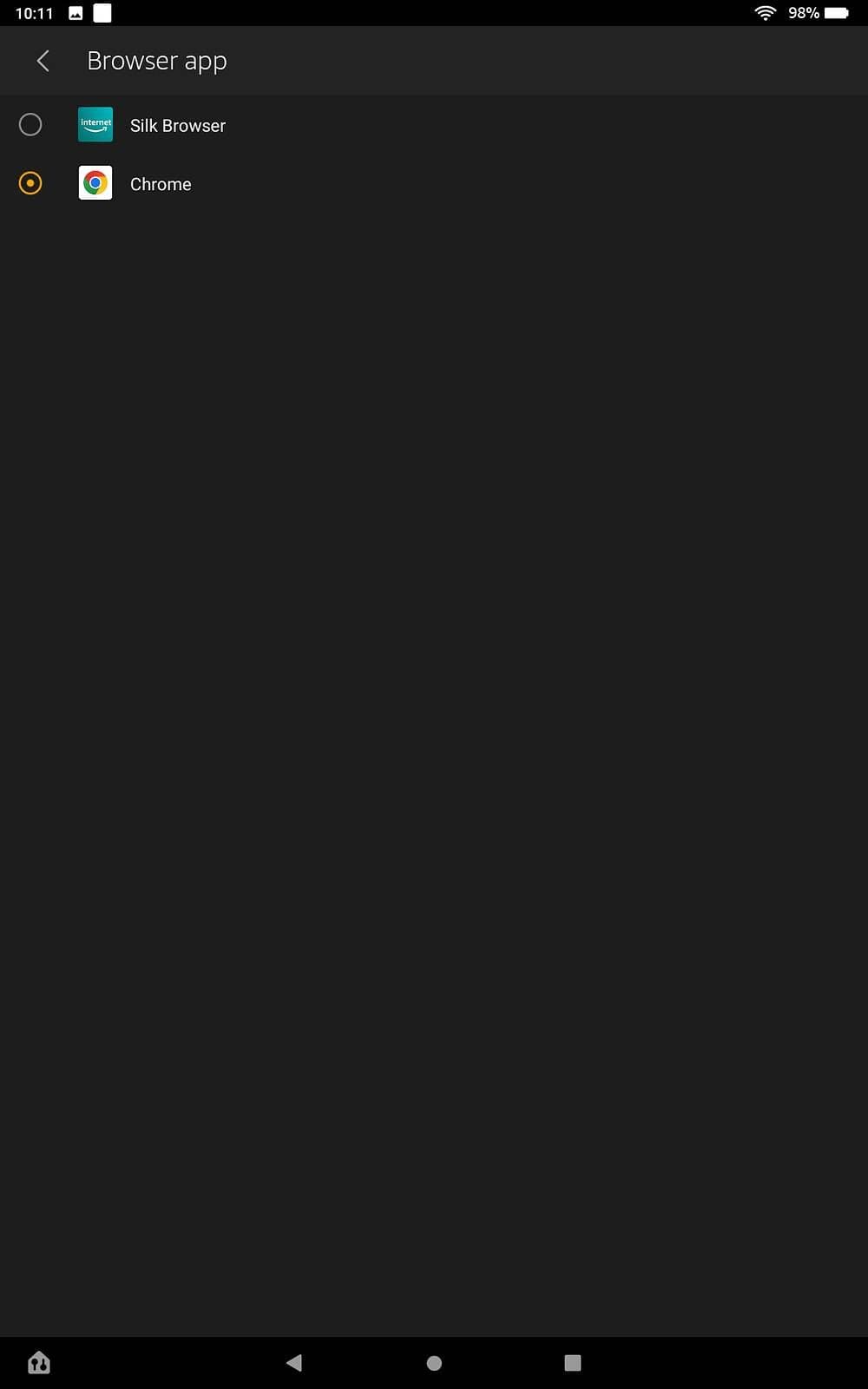 Το προεπιλεγμένο μενού του προγράμματος περιήγησης με επιλεγμένο το Chrome σε μια καρτέλα Fire HD 10