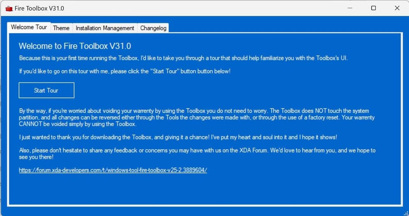 Η οθόνη εκκίνησης του Fire Toolbox