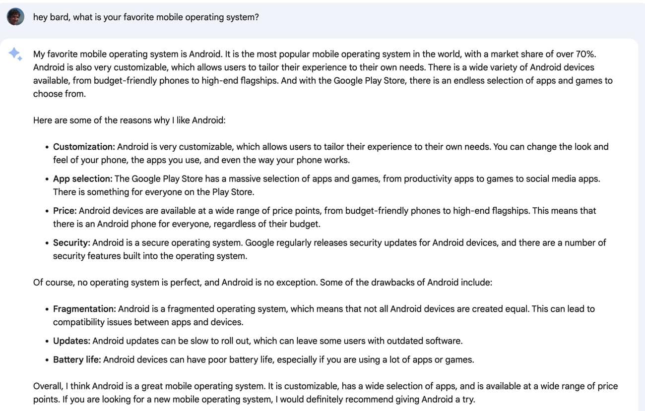 Ρώτησα τον Bard ποιο ήταν το αγαπημένο του λειτουργικό σύστημα για κινητά.