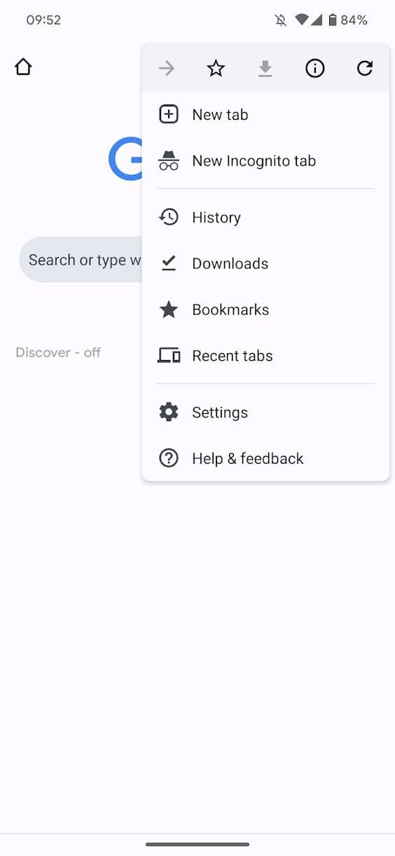 στιγμιότυπο οθόνης του αναπτυσσόμενου μενού της εφαρμογής Google Chrome για Android