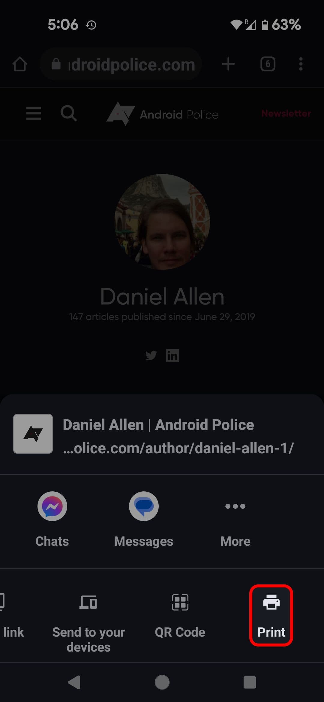 Μενού κοινής χρήσης του Google Chrome που επισημαίνει την επιλογή Εκτύπωση