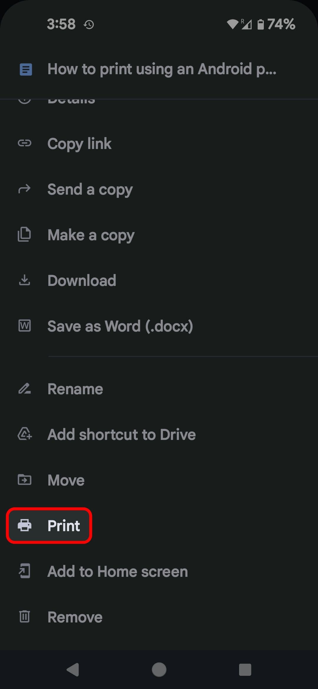Επιλογές εγγράφων των Εγγράφων Google που επισημαίνουν την επιλογή Εκτύπωση