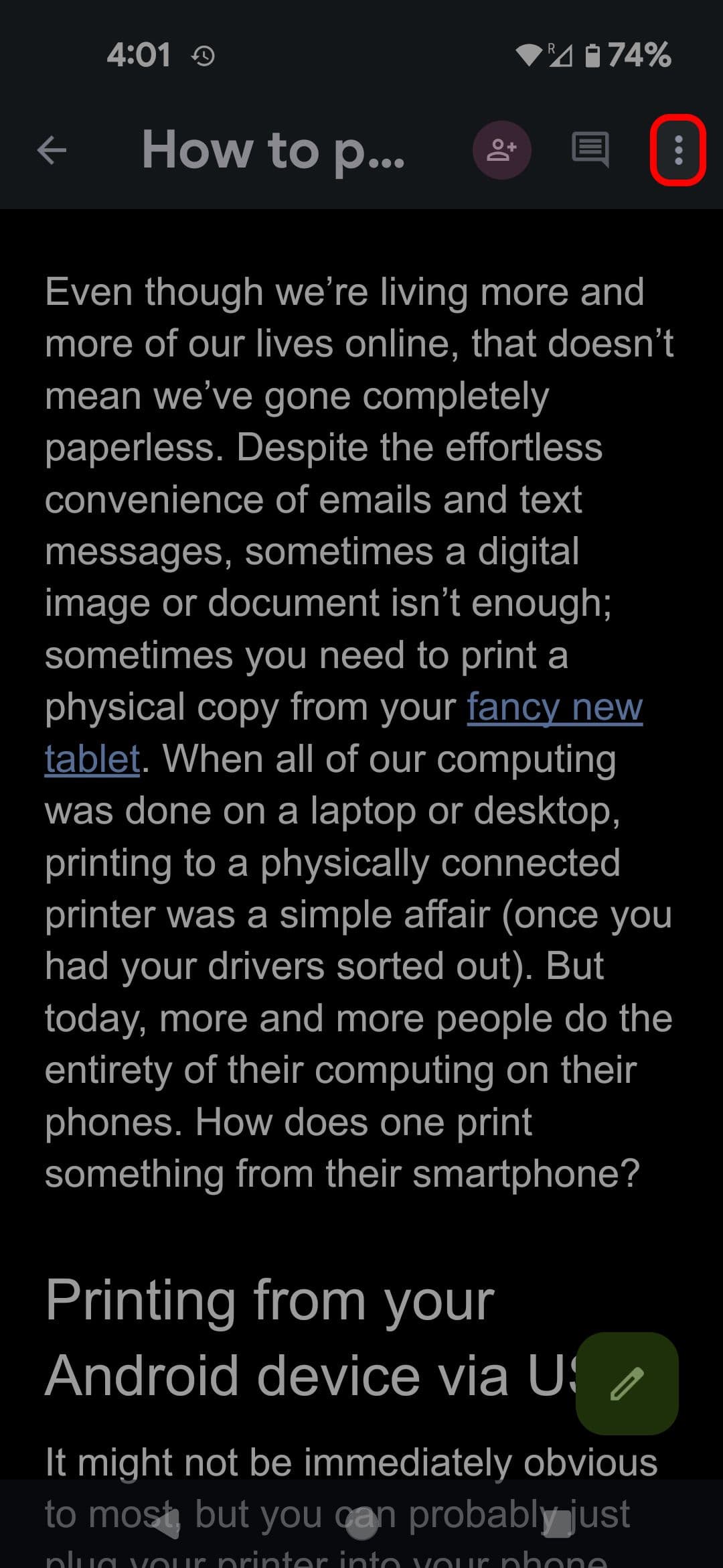 Έγγραφο των Εγγράφων Google που επισημαίνει το εικονίδιο μενού με τις τρεις κουκκίδες