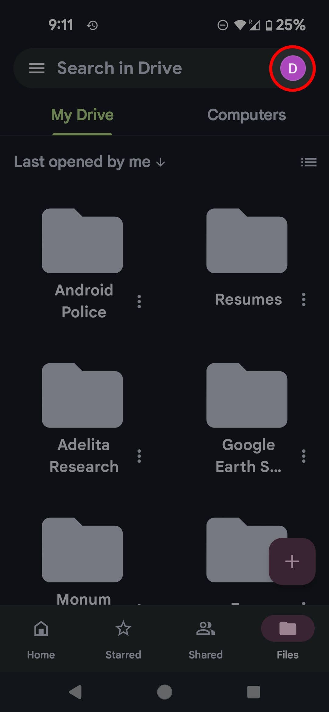 Αρχική σελίδα για κινητά του Google Drive που επισημαίνει το εικονίδιο προφίλ