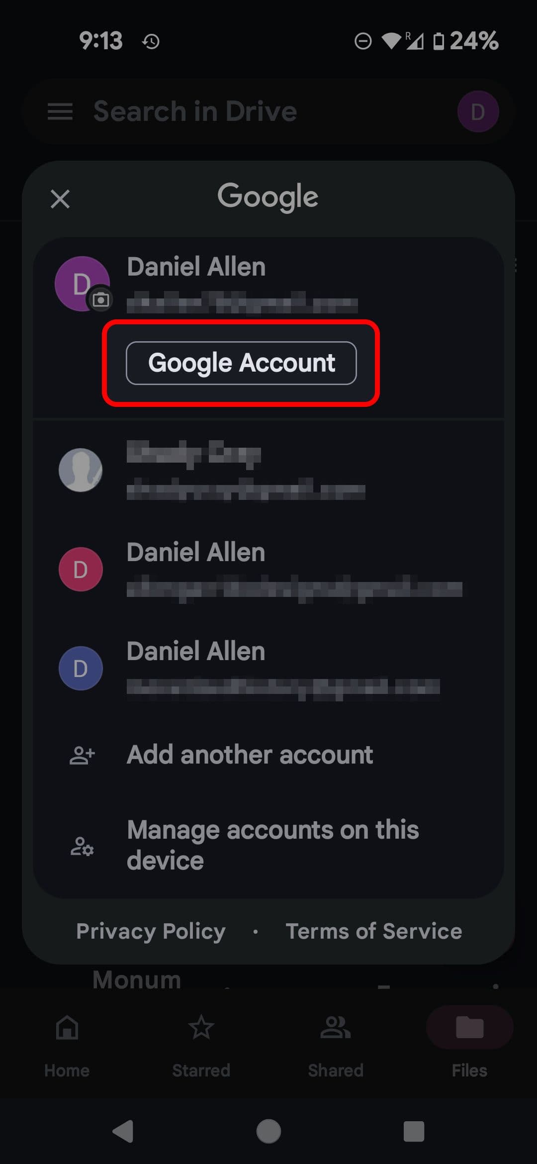 Μενού προφίλ κινητού Google Drive που επισημαίνει την επιλογή Λογαριασμός Google