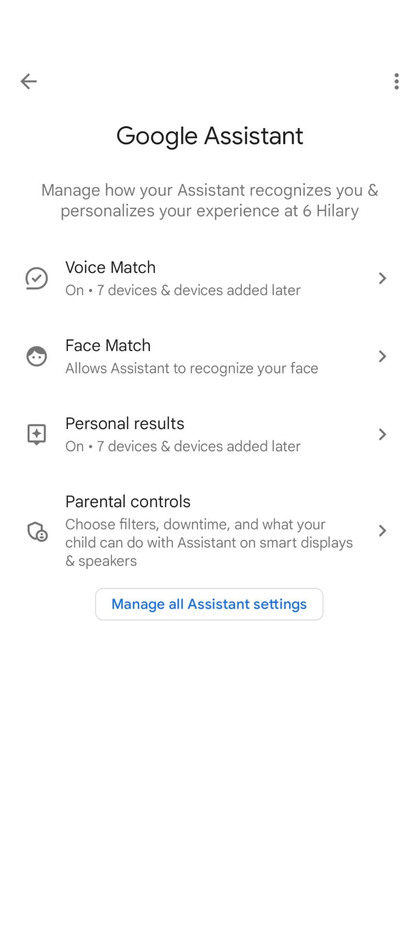 Το μενού ρυθμίσεων του Βοηθού Google στην εφαρμογή Google Home με ορατή την επιλογή Γονικός έλεγχος