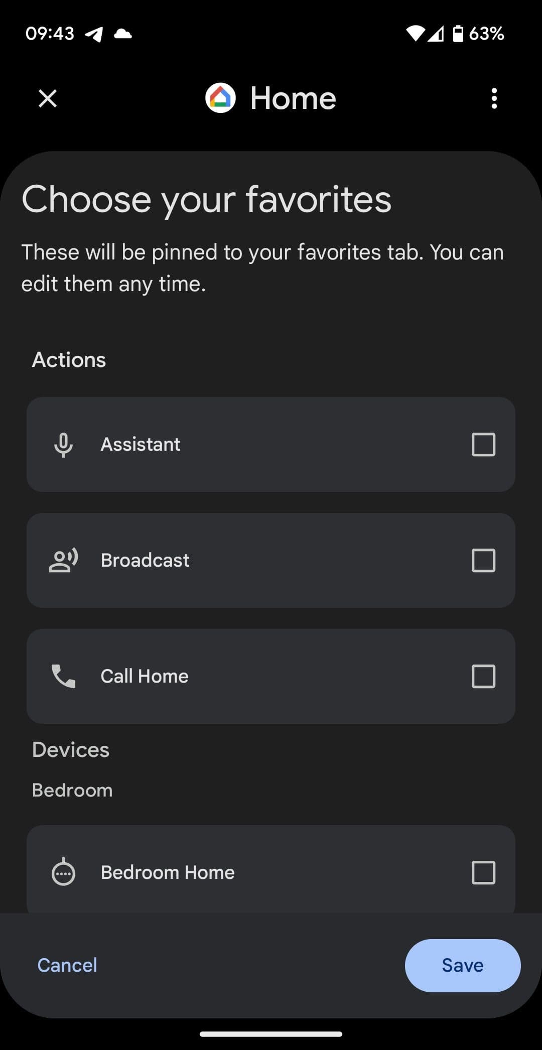 Αρχικό πλαίσιο Google Home - επιλογή αγαπημένων
