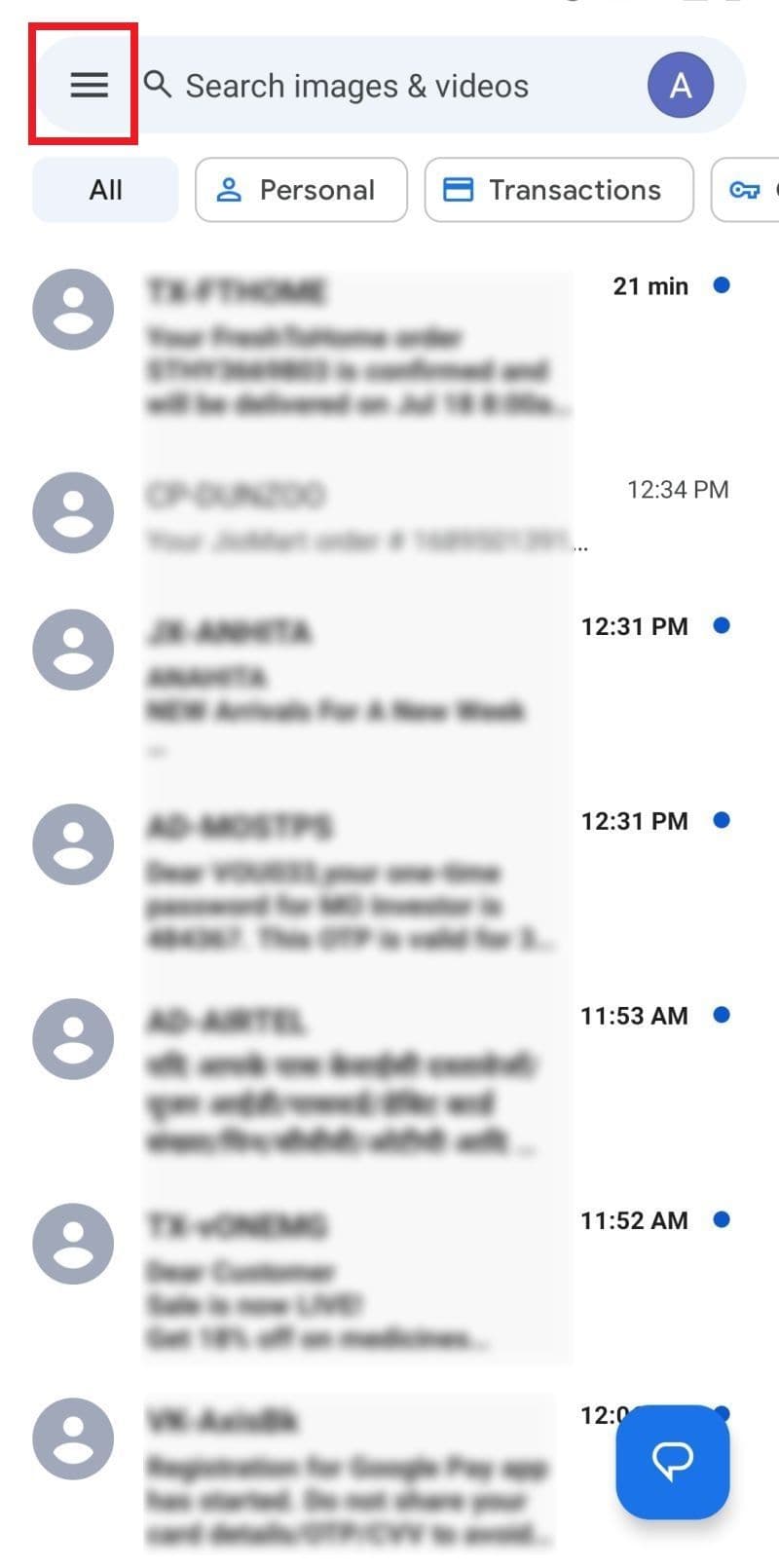 Στιγμιότυπο οθόνης του μενού χάμπουργκερ στην εφαρμογή Google Messages