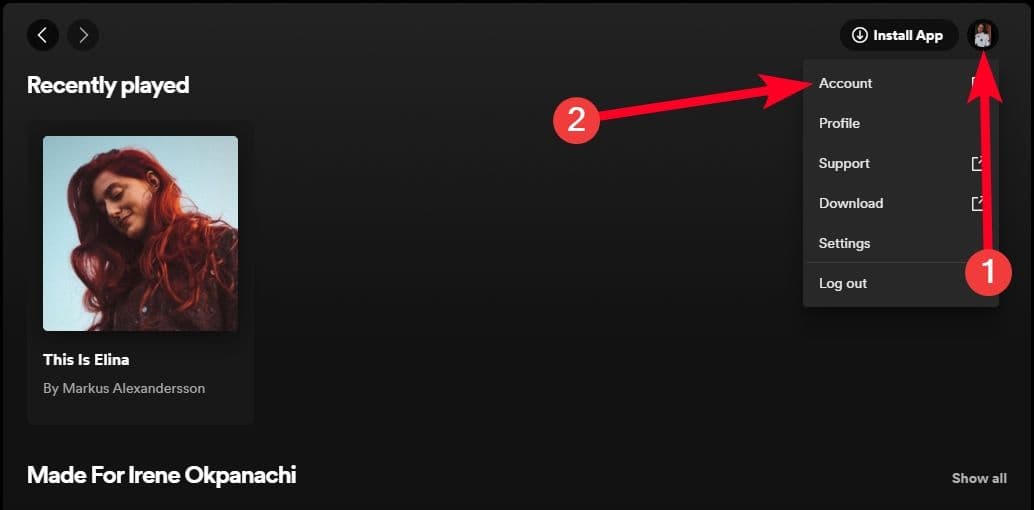 Αρχικό μενού στον ιστότοπο Spotify