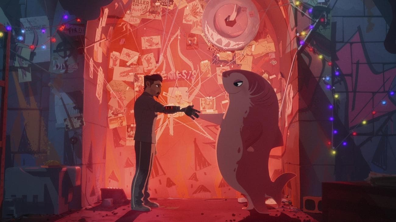 Ένας ιππότης με μαύρη πανοπλία και ένας σομόν ροζ καρχαρίας δίνουν τα χέρια.