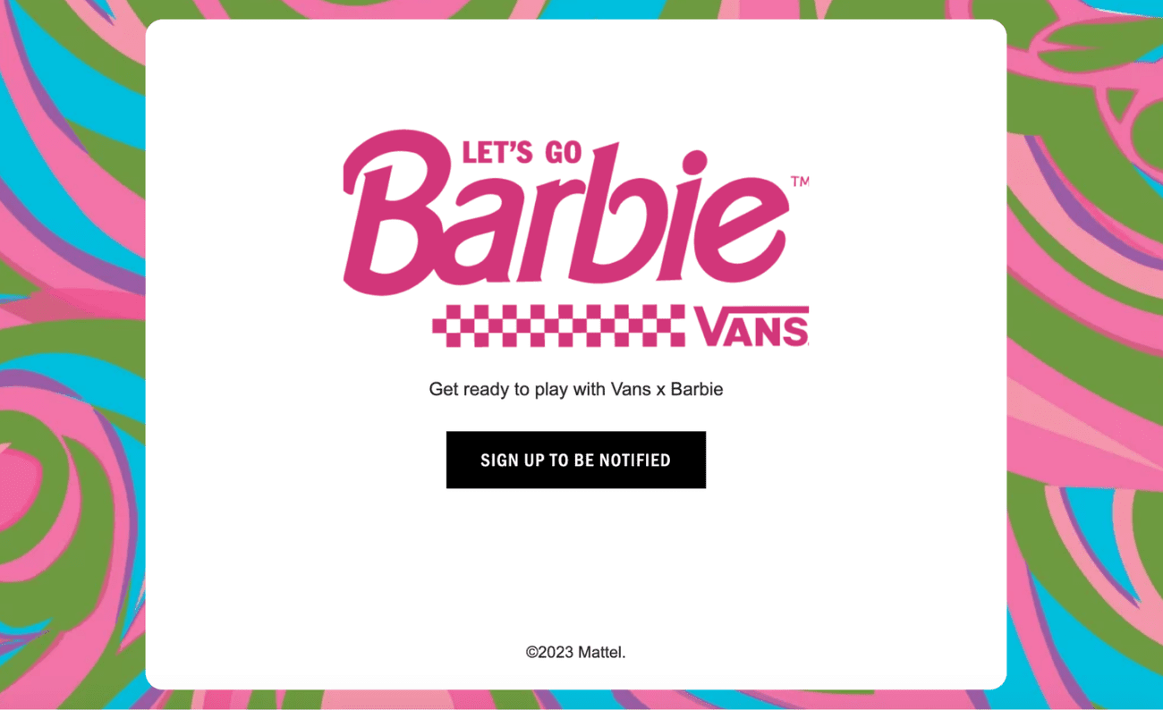 Ροζ λογότυπα Barbie and Vans με κουμπί εγγραφής σε ροζ, μπλε και πράσινο φόντο με στροβιλισμό