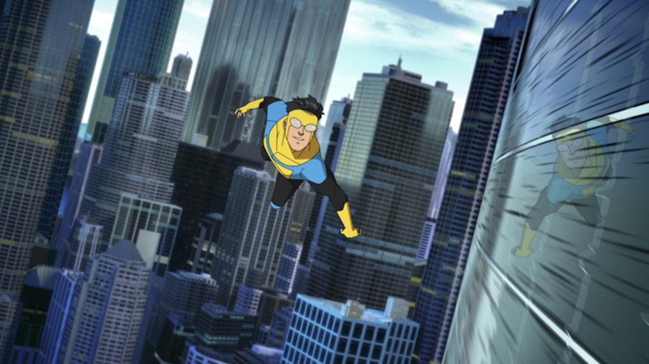 An animated superhero flys through a city.