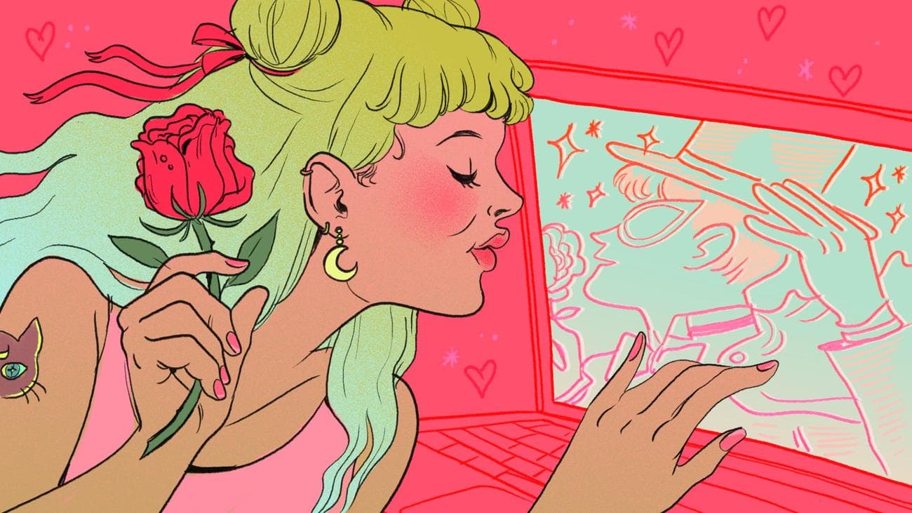 A woman who appears to look like a modern Sailor Moon, looking at a computer screen showing Sailor Moon's love interest Tuxedo Mask.
