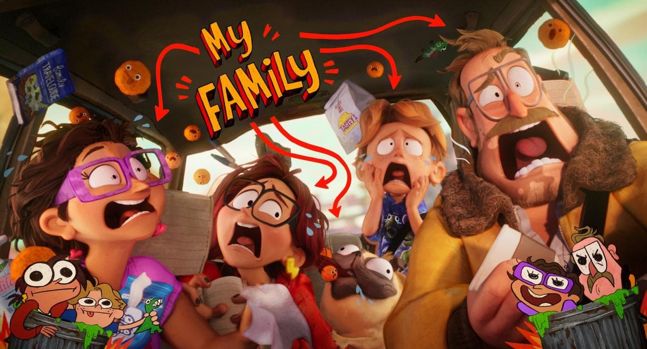 A family freaks out in their car. 