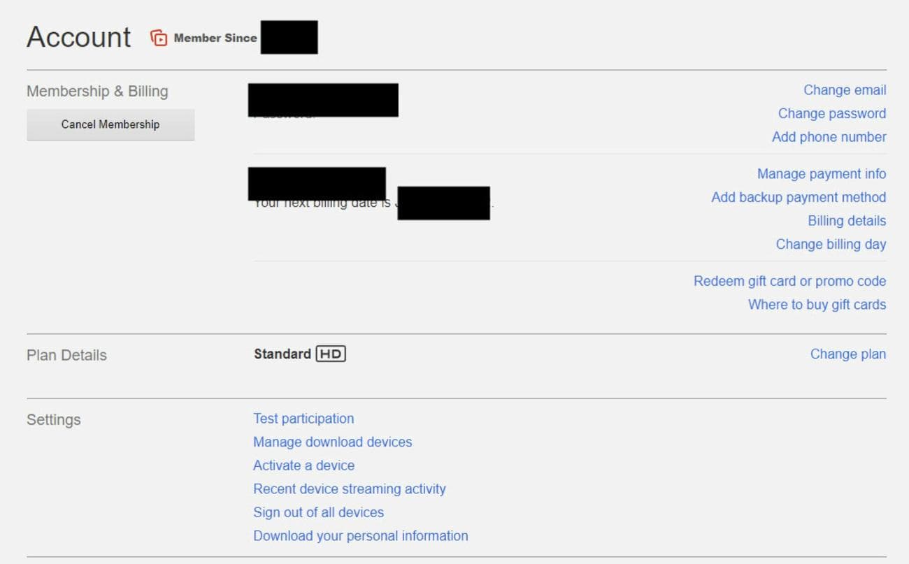 Ένα στιγμιότυπο οθόνης της σελίδας ρυθμίσεων λογαριασμού Netflix, όπως φαίνεται σε ένα πρόγραμμα περιήγησης ιστού.