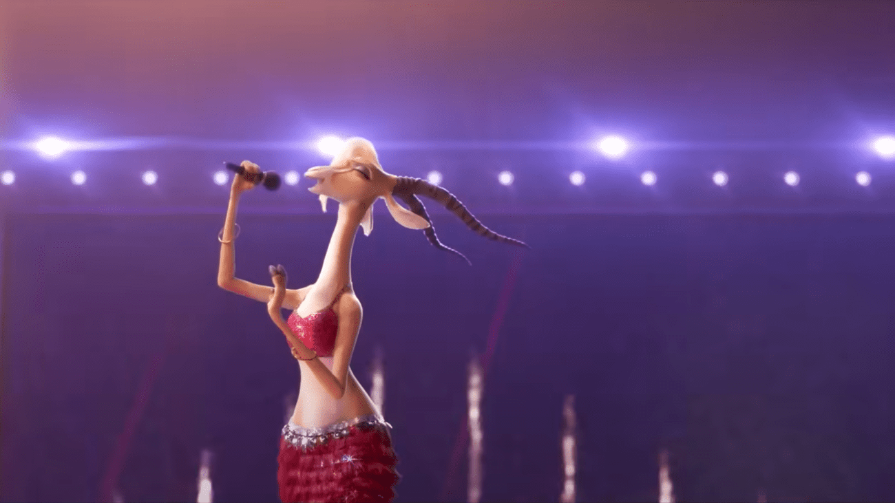 Μια γαζέλα κινουμένων σχεδίων τραγουδά στη σκηνή. 