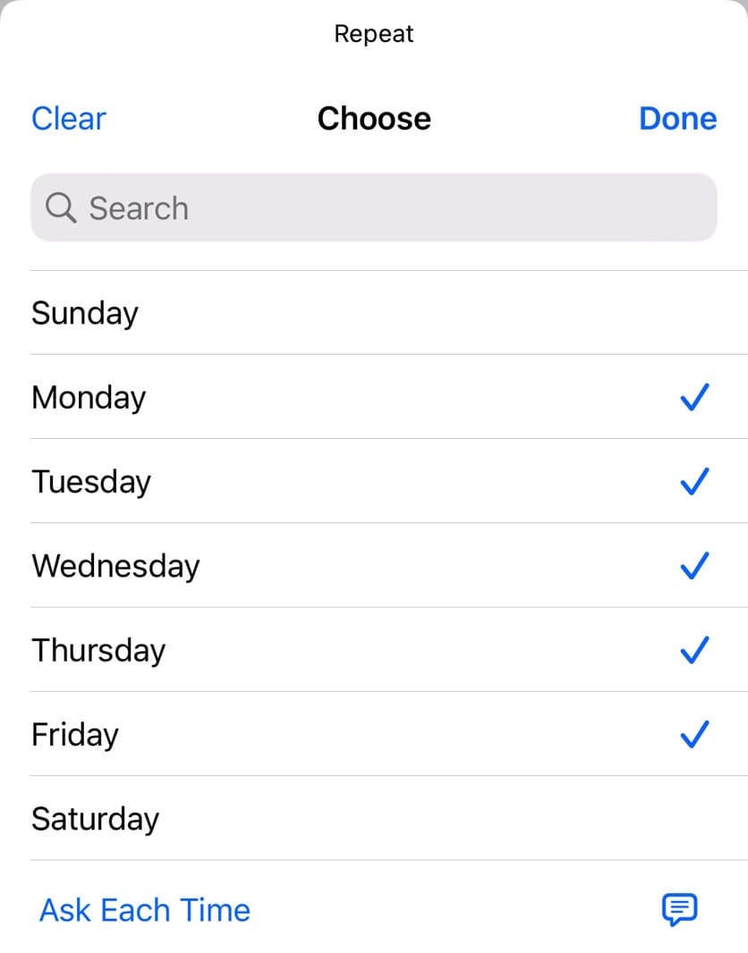 Επιλέξτε πότε ο αυτοματισμός συναγερμού iPhone θα επαναλάβει τη συμπεριφορά του.