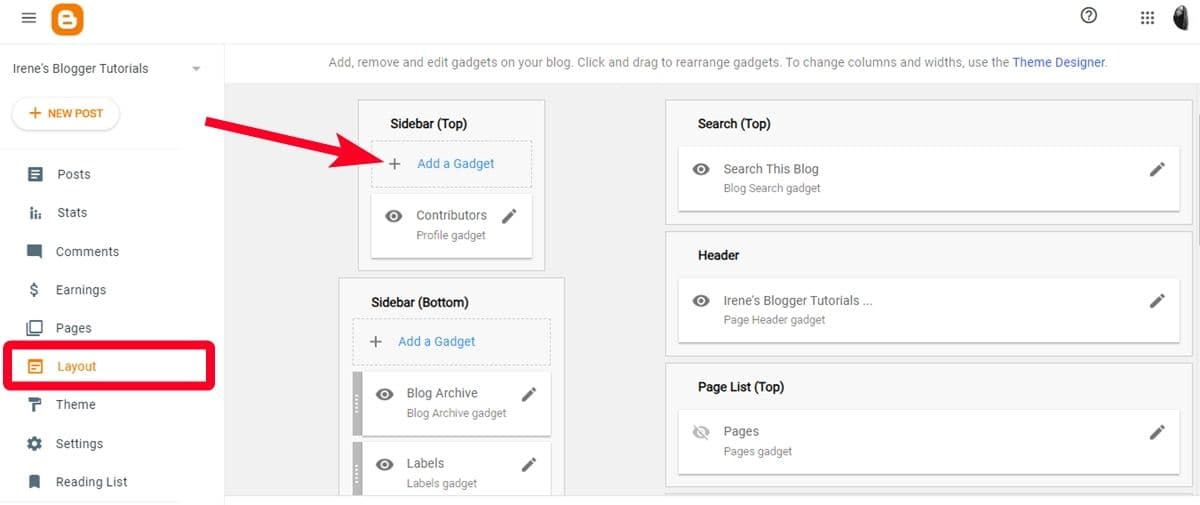 Layout menu on Blogger