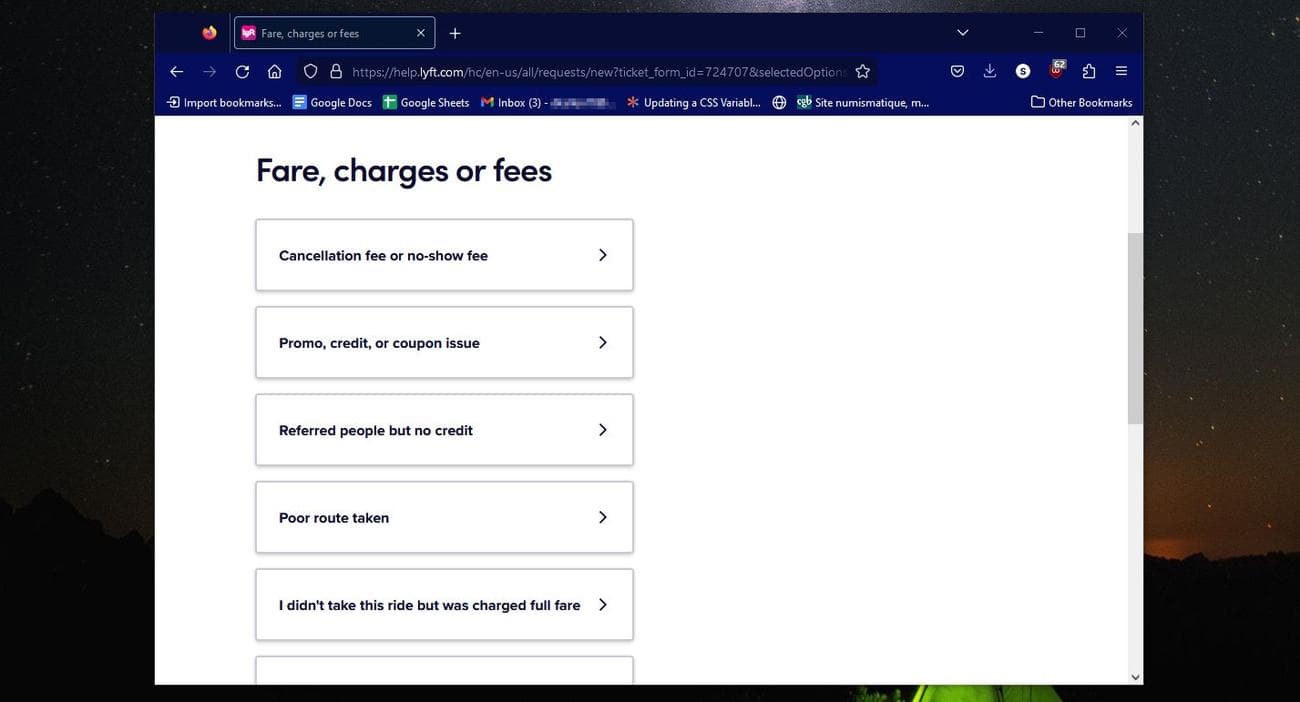 Μενού βοήθειας για ναύλο, χρεώσεις ή χρεώσεις στο Διαδίκτυο Lyft