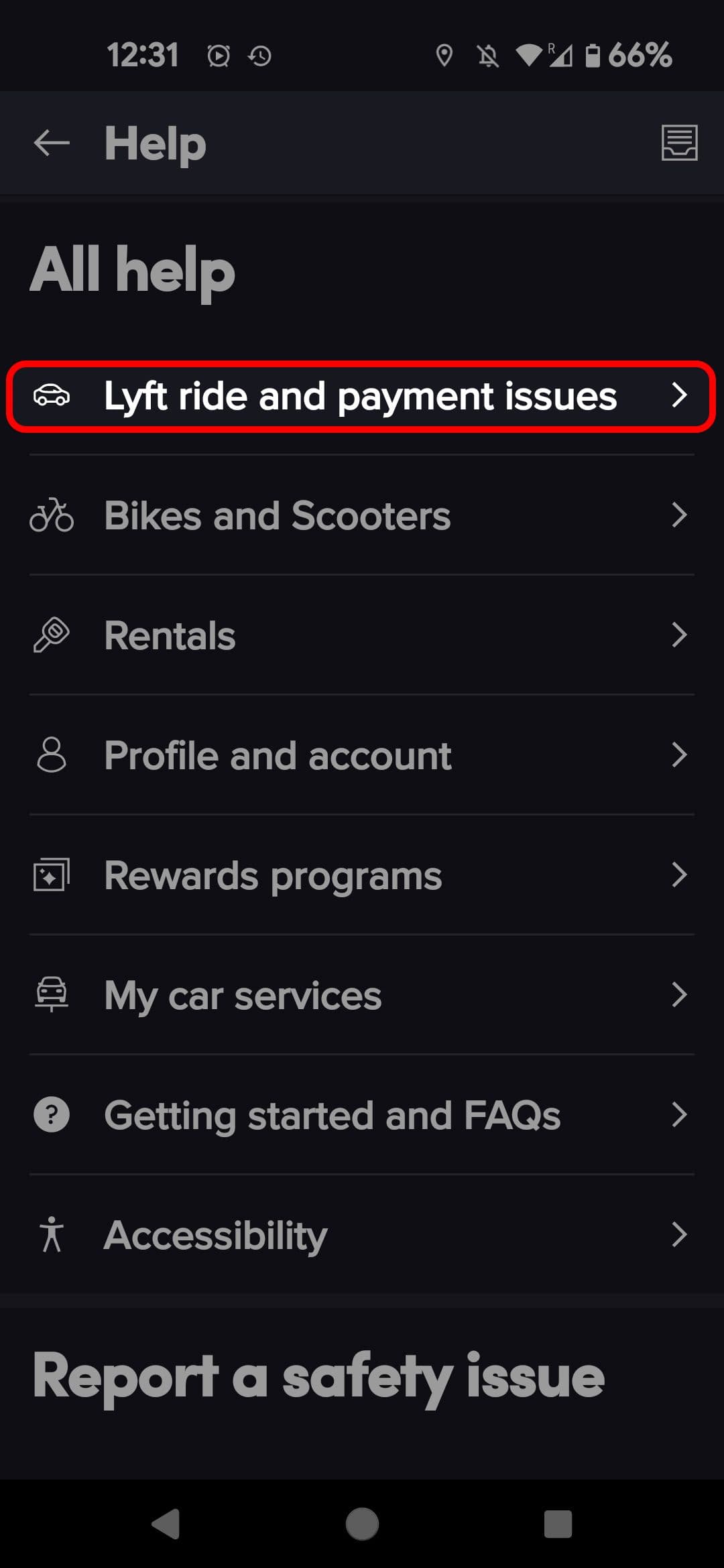 Μενού Βοήθειας αναβάτη Lyft που επισημαίνει την επιλογή ζητήματα βόλτας και πληρωμής του Lyft
